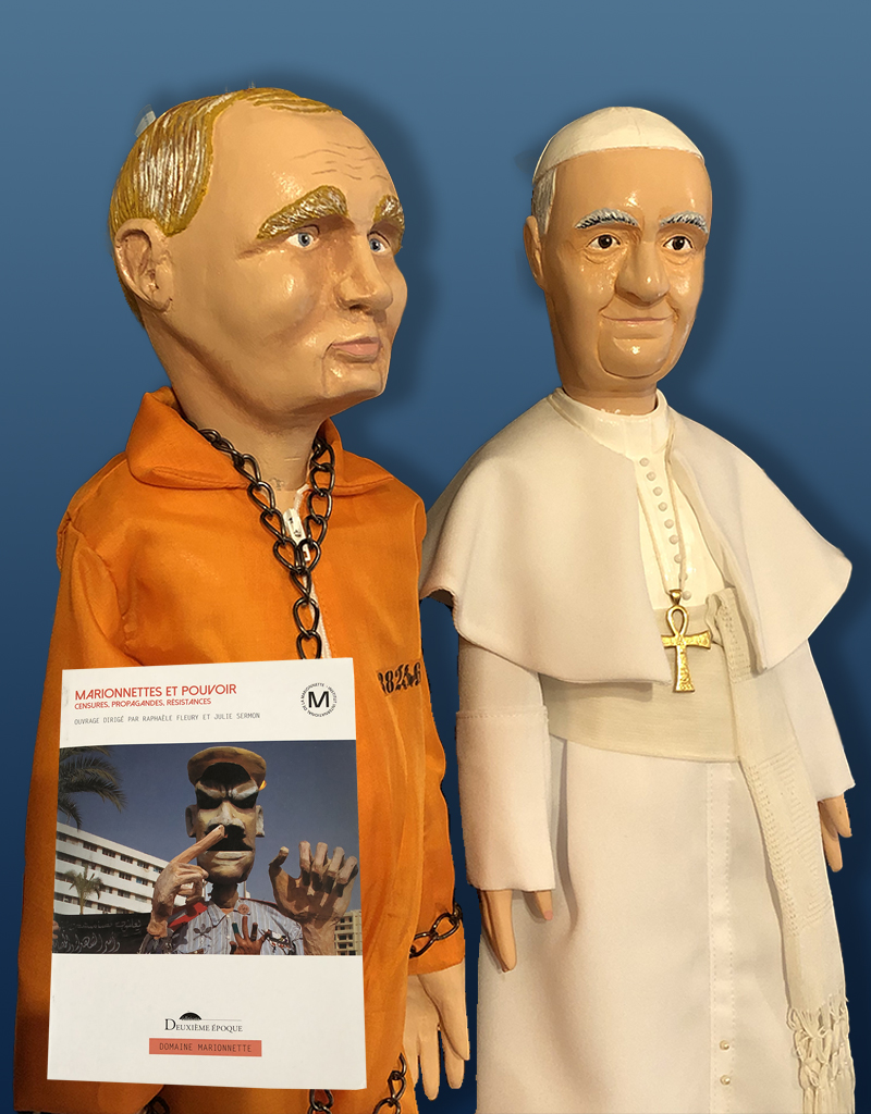 Centre de la Marionnette liégeoise de Saint-Nicolas Poutine en prisonnier et le pape François (guerre et paix)